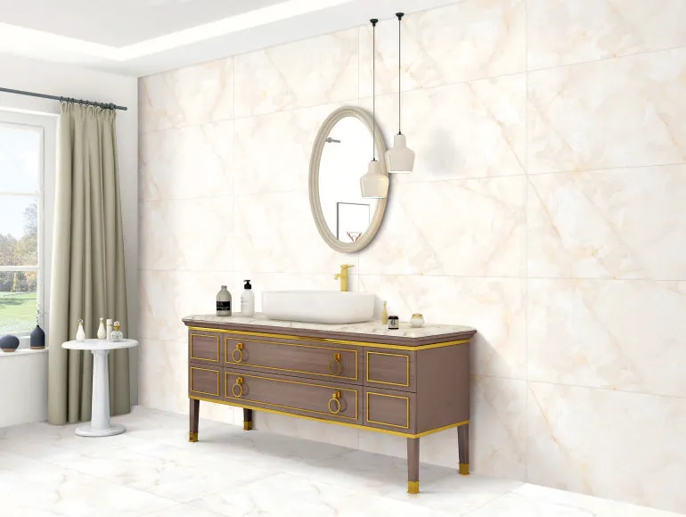 Streak Sahara Grainy tiles in beige bathroom design with sink cabinet and window